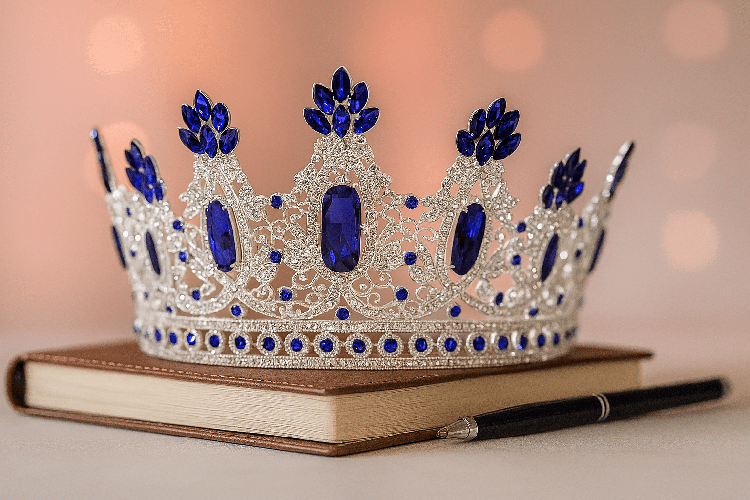 Silver and blue pageant crown resting on a leather-bound journal with a pen, symbolizing growth, empowerment, and preparation