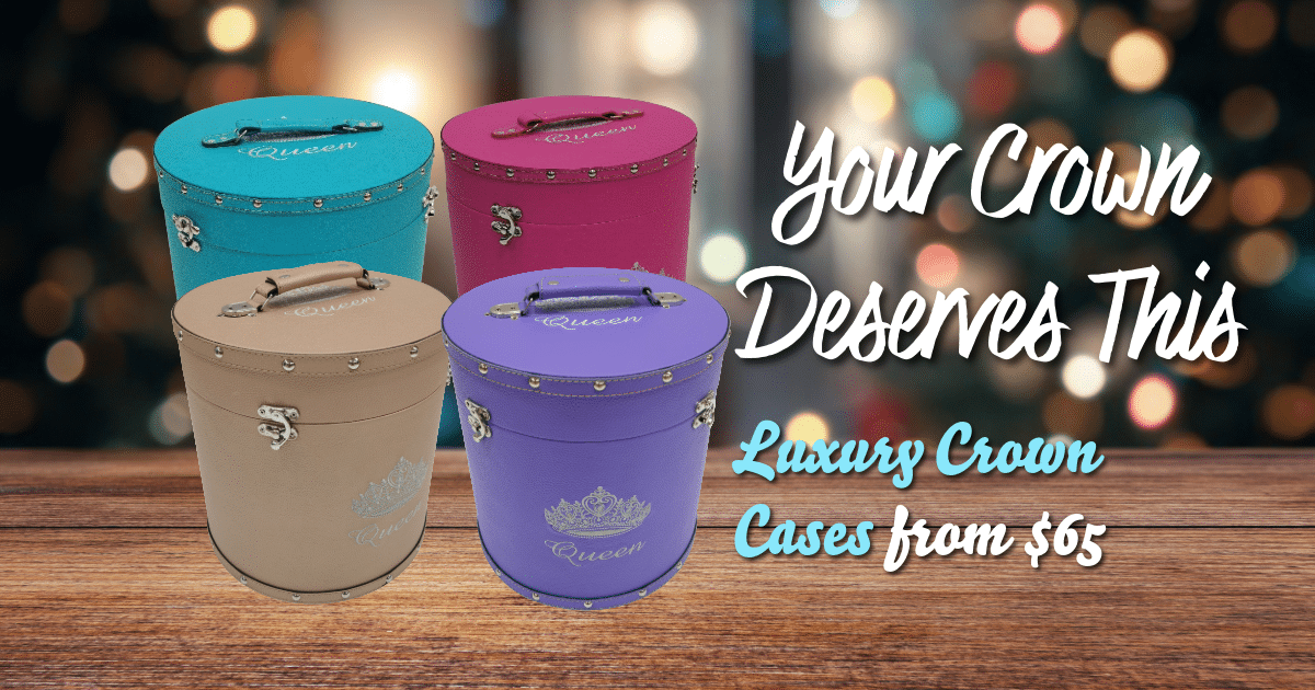 Luxury large crown case available in pink, teal, gold, and lavender for pageant crowns