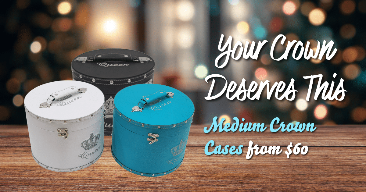 Medium crown cases for pageant winners in white, teal, and black, luxury round crown boxes with Queen logo and silver hardware