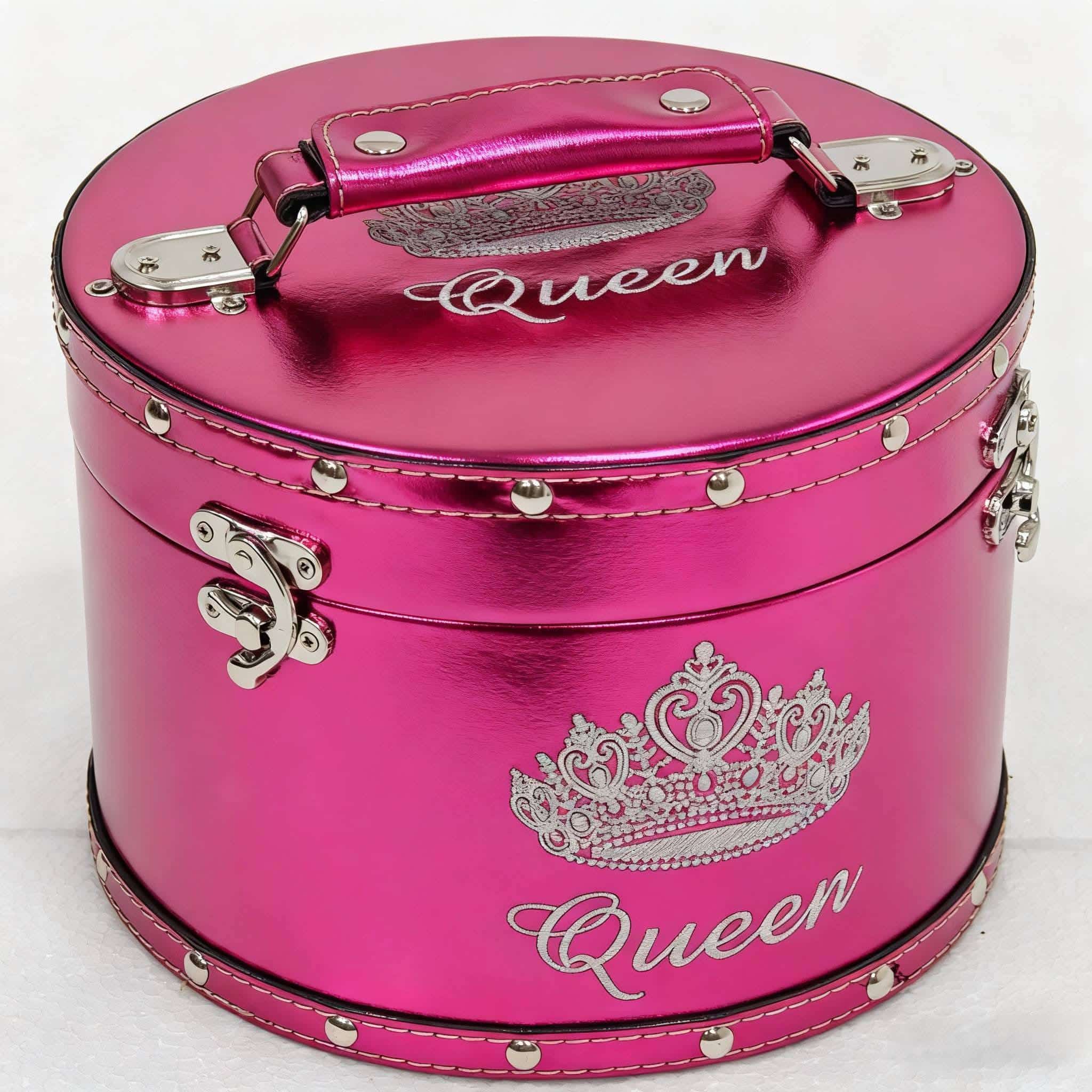 Dark pink foil crown case with shiny metallic finish for pageant crowns