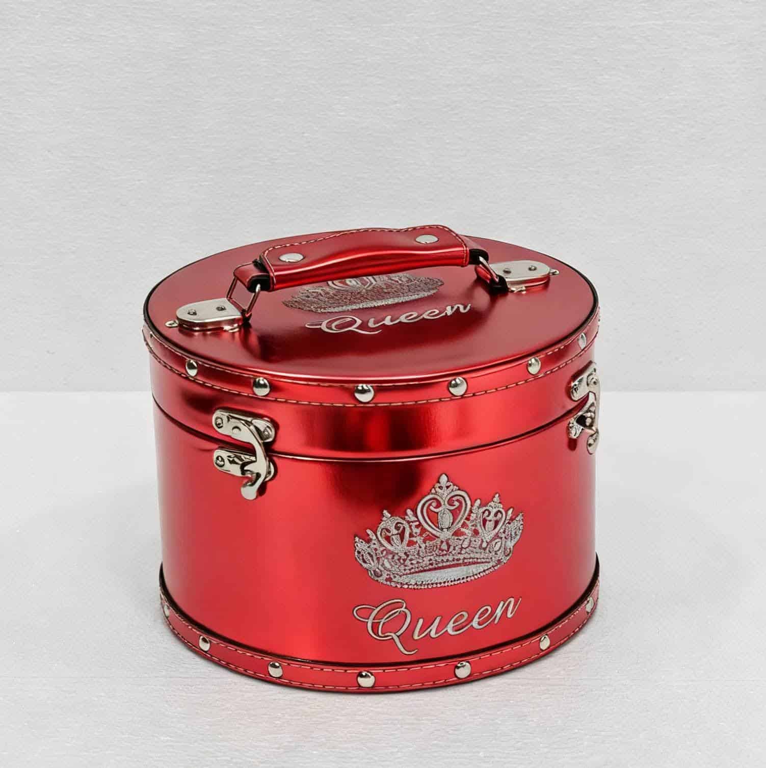 Red foil crown case with shiny metallic exterior and crown emblem