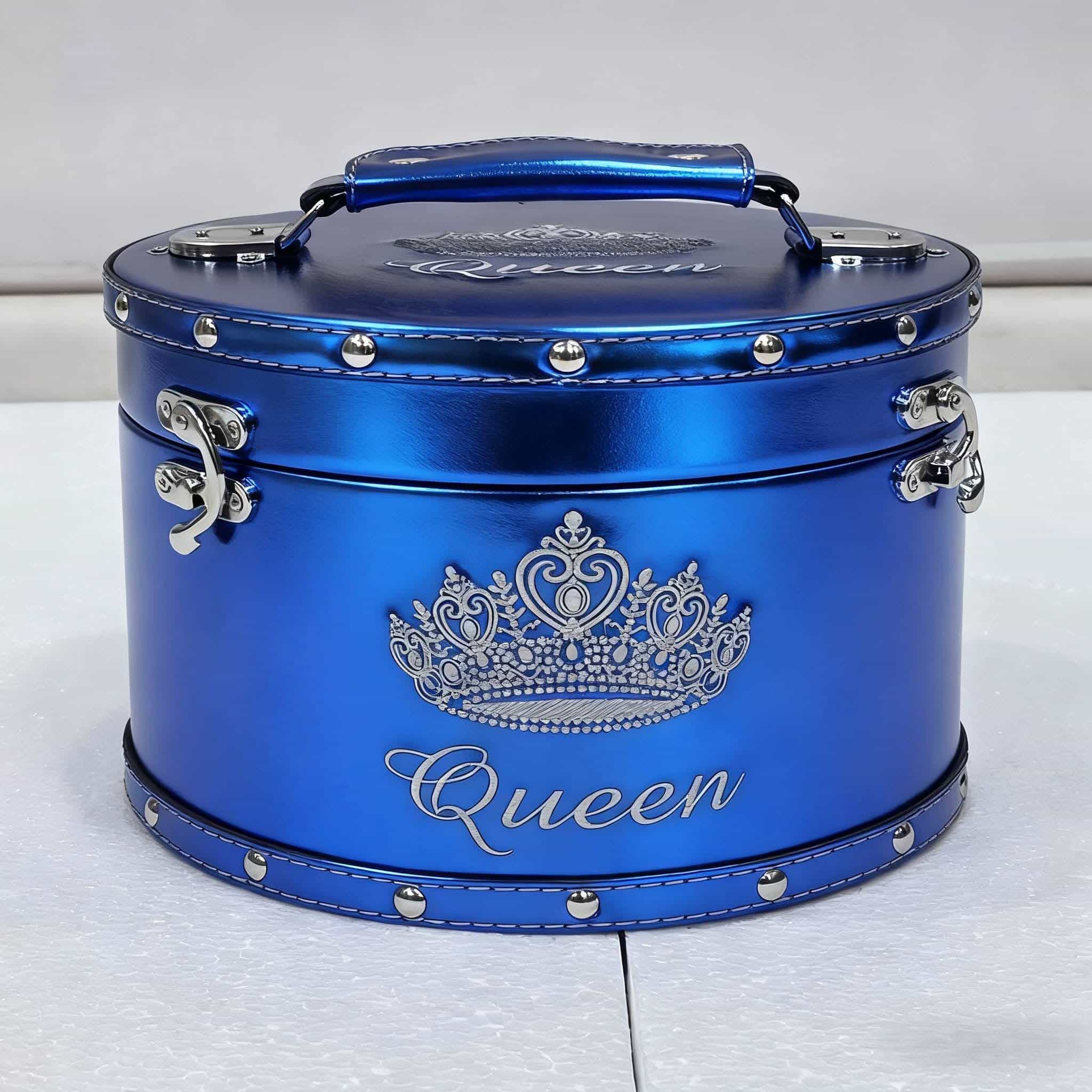 Royal blue foil crown case with metallic shine and silver accents