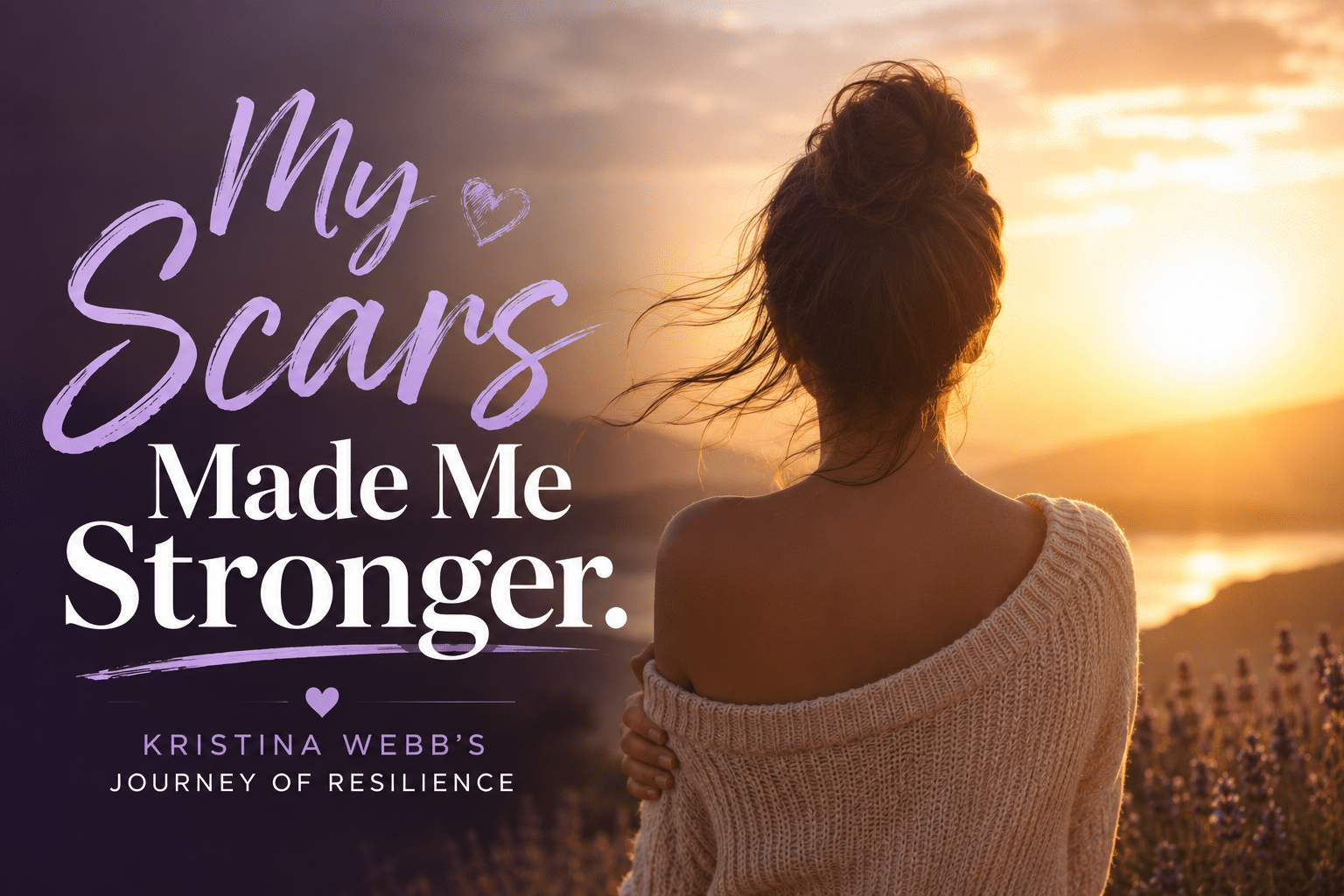 Faceless woman standing confidently at sunrise with the inspirational message "My Scars Made Me Stronger," symbolizing resilience, healing, self-acceptance, and overcoming trauma.