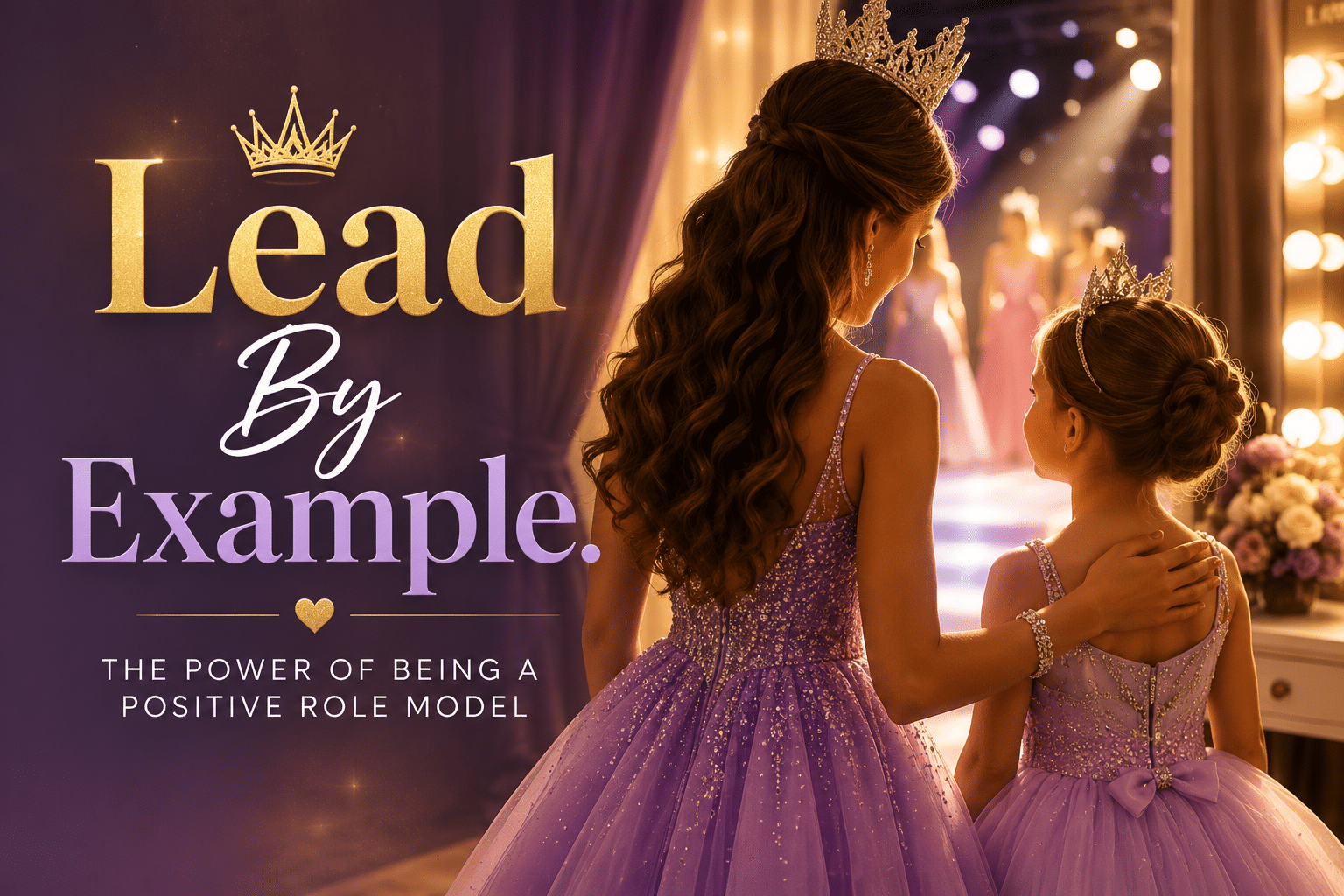 Faceless teenage pageant contestant encouraging a younger contestant backstage, symbolizing leadership, kindness, confidence, and mentorship.