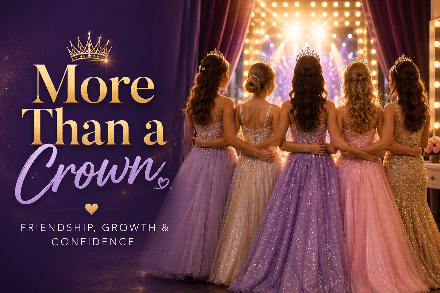 Faceless teen pageant contestants standing together backstage in gowns, symbolizing friendship, confidence, community service, personal growth, and sisterhood.
