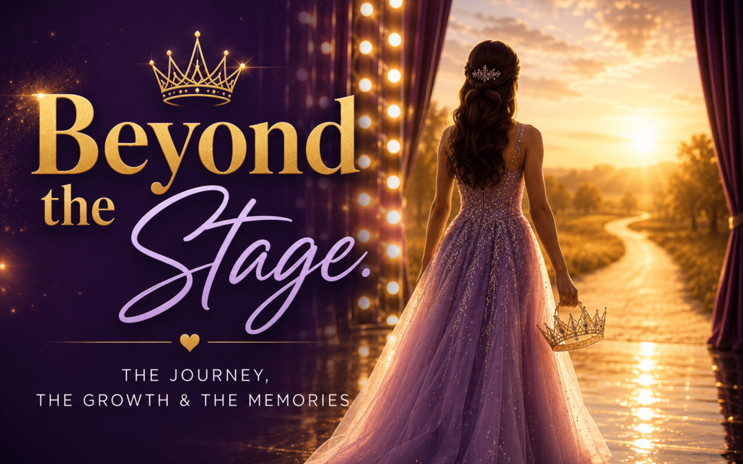 Faceless teenage pageant contestant walking beyond a brightly lit stage toward a golden horizon, symbolizing confidence, resilience, personal growth, friendships, and lifelong memories.