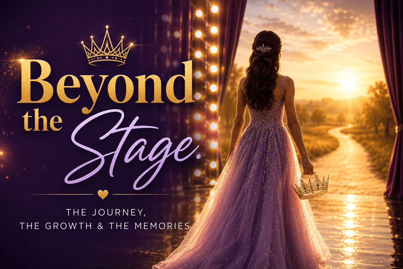 Faceless teenage pageant contestant walking beyond a brightly lit stage toward a golden horizon, symbolizing confidence, resilience, personal growth, friendships, and lifelong memories.