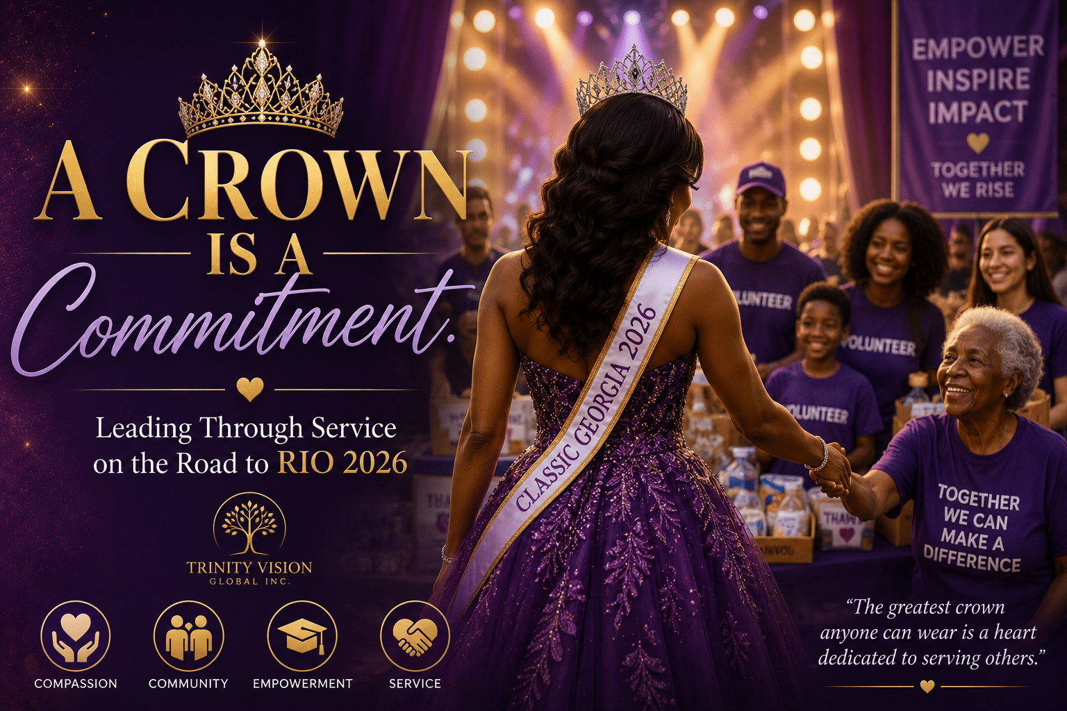 Faceless pageant titleholder reaching out to members of her community, symbolizing servant leadership, compassion, empowerment, and service on the road to RIO 2026.