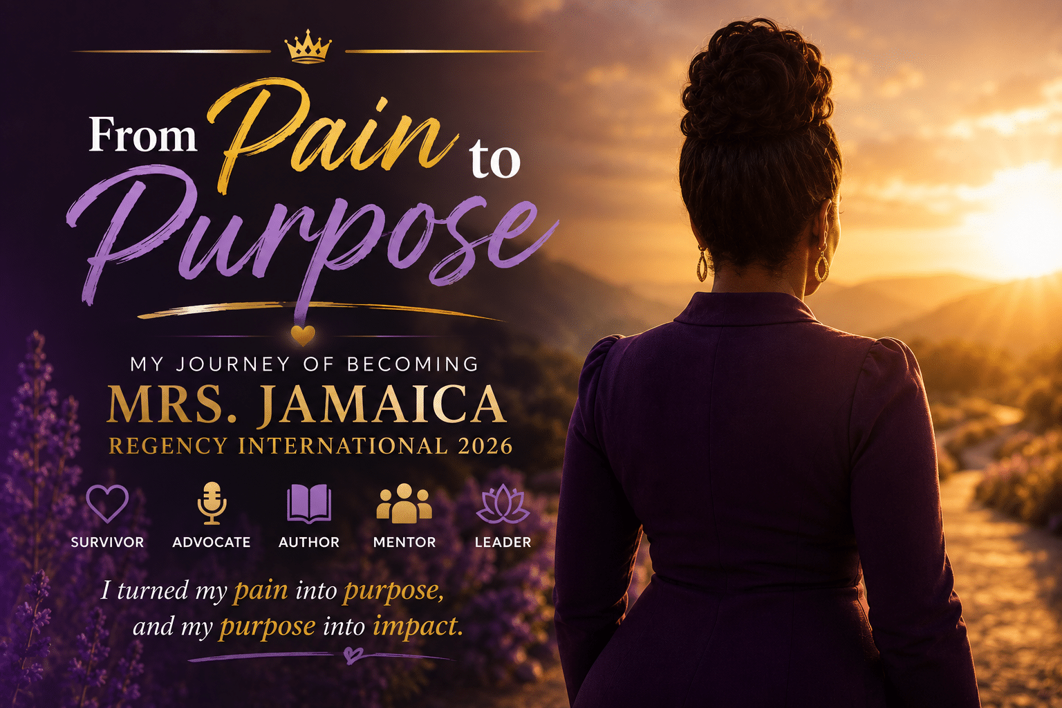 Faceless woman standing confidently on a scenic path at sunrise, symbolizing resilience, healing, hope, and transforming pain into purpose.