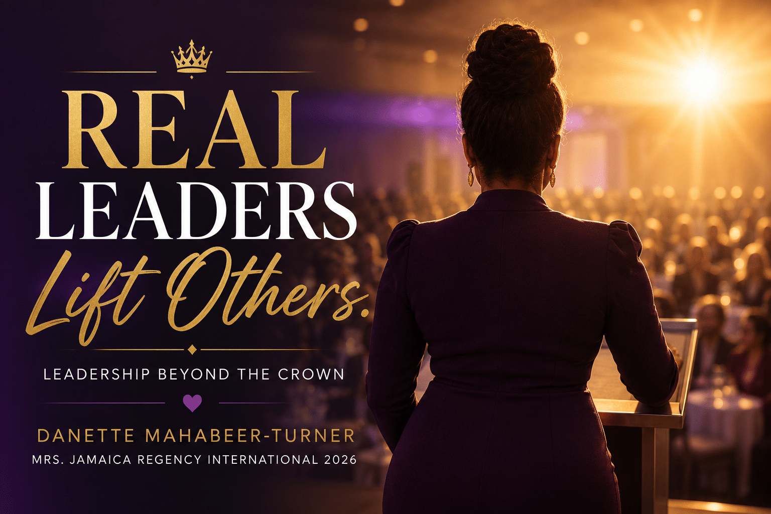 Faceless woman standing confidently before an audience at sunrise, representing leadership, service, mentorship, and building a lasting legacy beyond the crown.