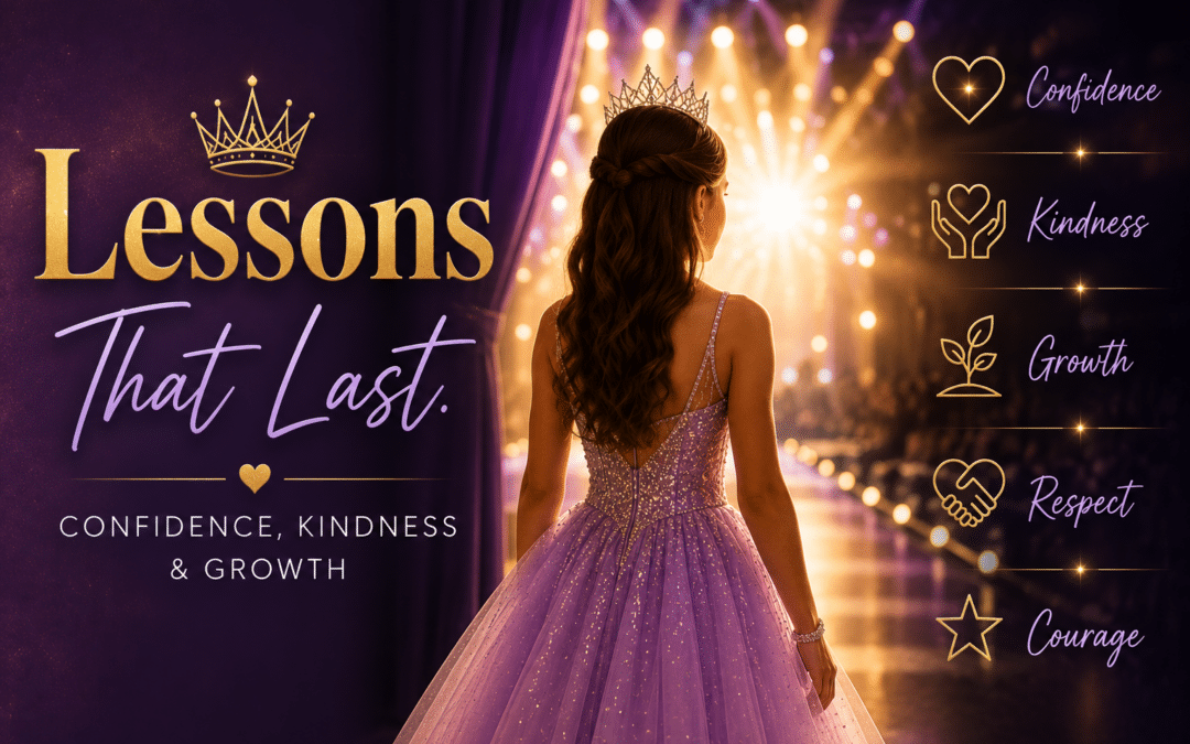 Faceless teenage pageant contestant standing confidently at the edge of a stage, symbolizing confidence, resilience, kindness, respect, and personal growth through pageantry.