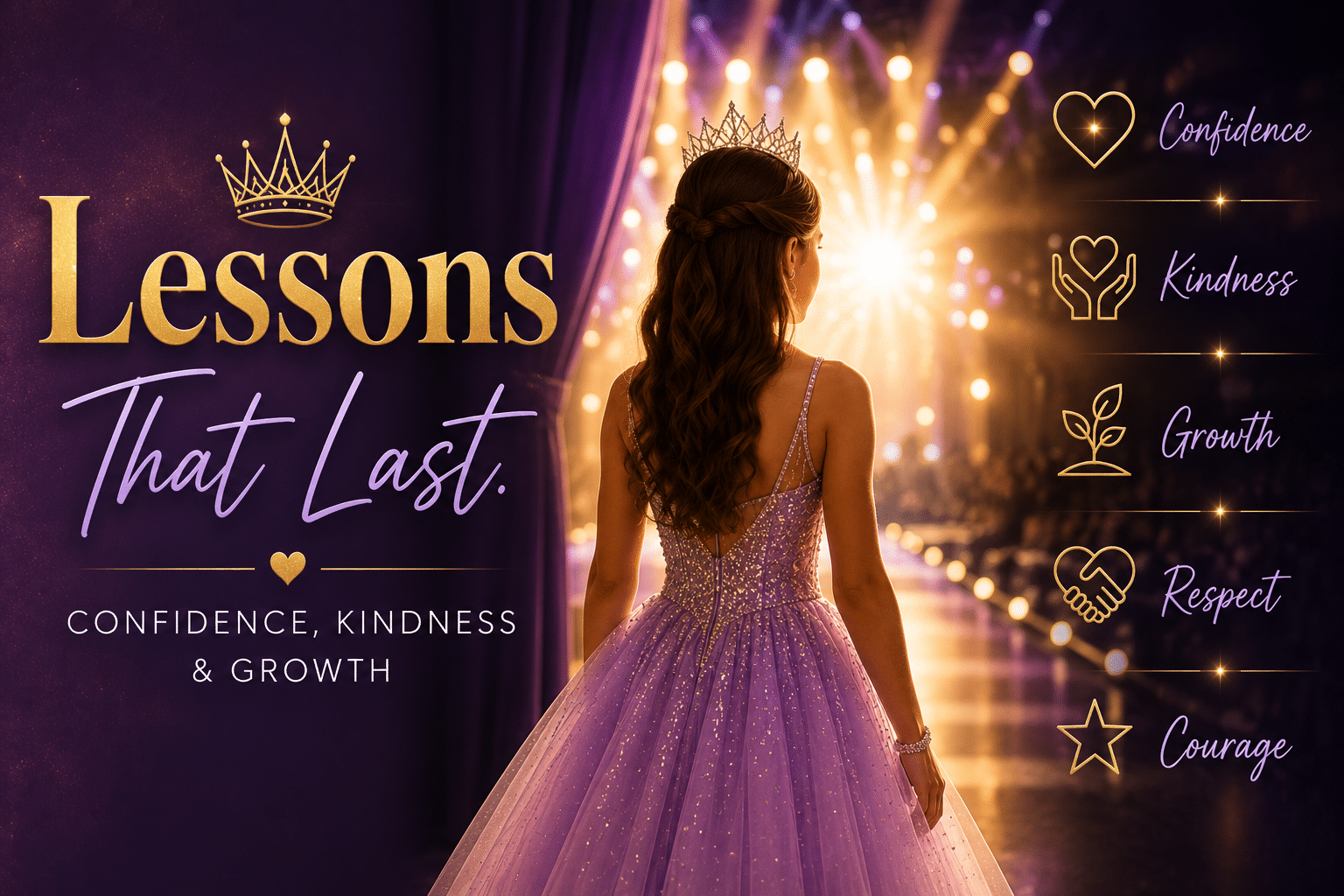 Faceless teenage pageant contestant standing confidently at the edge of a stage, symbolizing confidence, resilience, kindness, respect, and personal growth through pageantry.