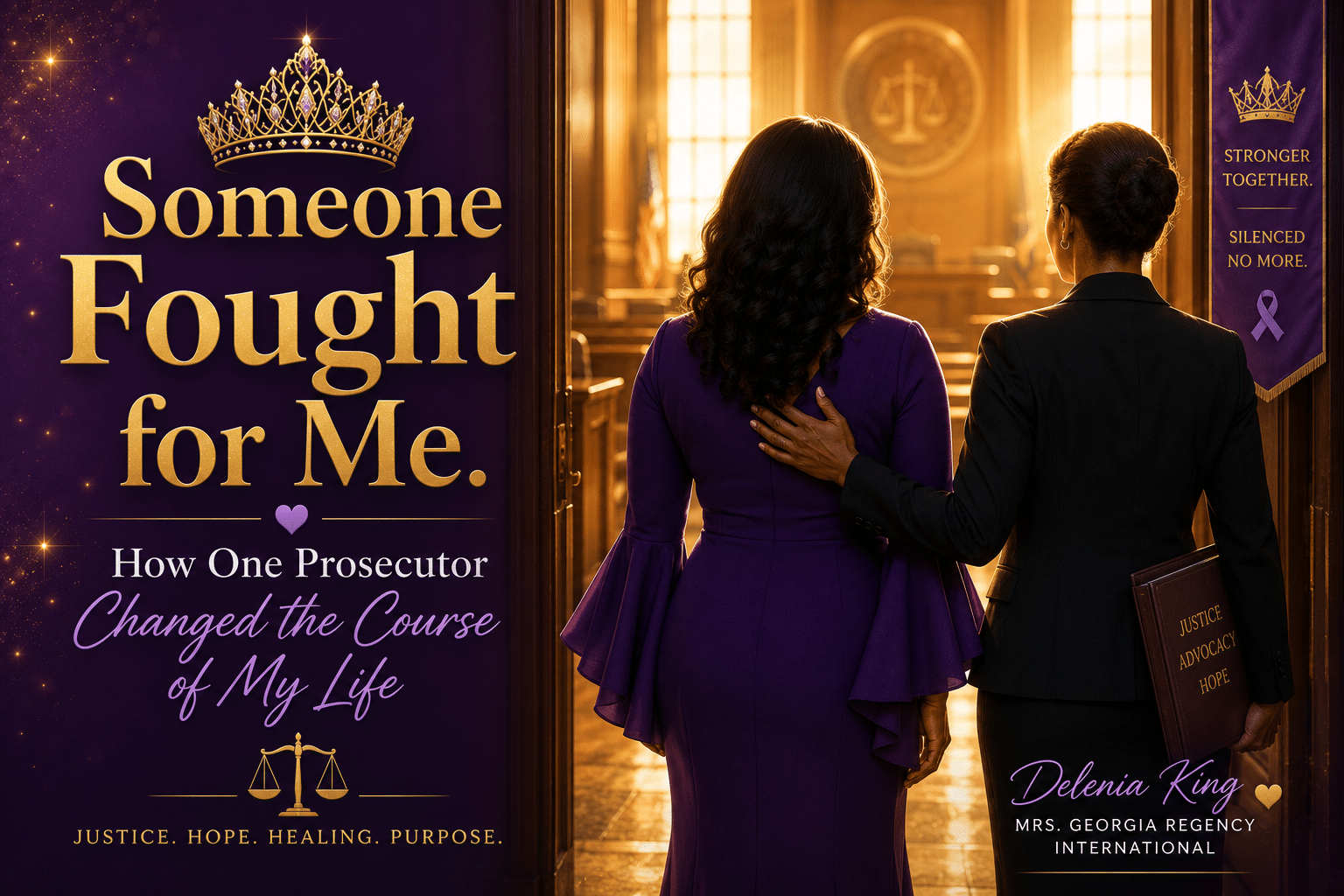Faceless woman standing beside a supportive female prosecutor at a courtroom entrance, symbolizing justice, advocacy, hope, and empowerment after domestic violence.
