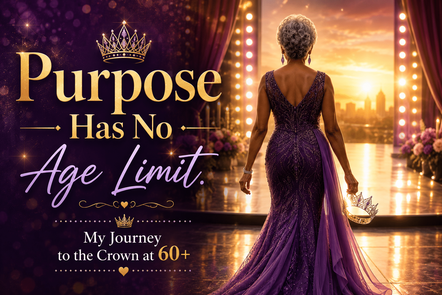 Faceless elegant woman over 60 in a purple evening gown walking confidently toward golden stage lights, symbolizing purpose, wellness, faith, and pursuing dreams at every age.